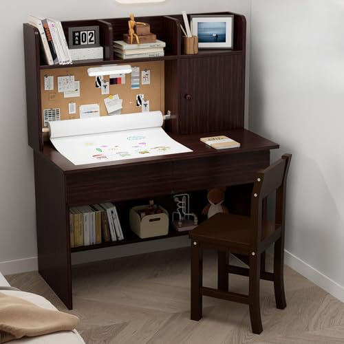 NKUGCFC Brown Wooden Kids Study Desk and Chair Set,Childrens Desk with Light and Paper Roll Rack,2 Drawers,Storage Cabinets and 3 Storage Open Shelves,Boys & Girls Study Desk for Bedroom and Kidsroom