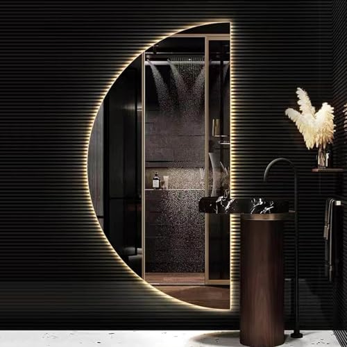ZYBOWAYL Specchio Bagno Retroilluminato Semicerchio Moderno con Funzione di Disappannamento, 80/100cm Specchio a Mezzaluna LED Dimmerabile Illuminato(Right Cut,80x40cm)