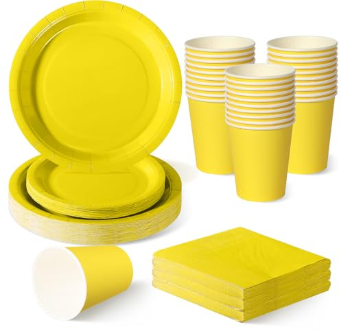 ZblPyro Amarillo vajilla cumpleaños para 30 invitados con platos carton redondos 23cm y 18cm, vasos de papel y servilletas. Ideal para cumpleaños infantiles y verano.
