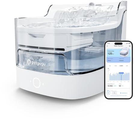 PETGUGU Cat Water Fountain Smart App Controlled 2L Automatic Cat Water Fountain with Water Intake Tracker, Ultra Quiet, 8-Layer Filtration System Pet Water Fountain for Indoor Cats