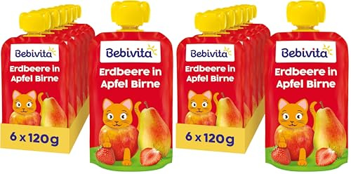 Bebivita Erdbeere in Apfel Birne Quetschie (6 x 120g), ohne Zuckerzusatz, glutenfrei, ideal für unterwegs und selbständiges Snacken (Packung mit 2)