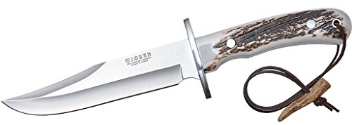 Joker Bowie CC96 Bowie Messer, Gürtelmesser mit Hirschhorngriff, jagdmesser mit 16 cm MOVA Stahlklinge, inkl. brauner Lederscheide, Werkzeug zum Angeln, Jagen, Camping und Wandern