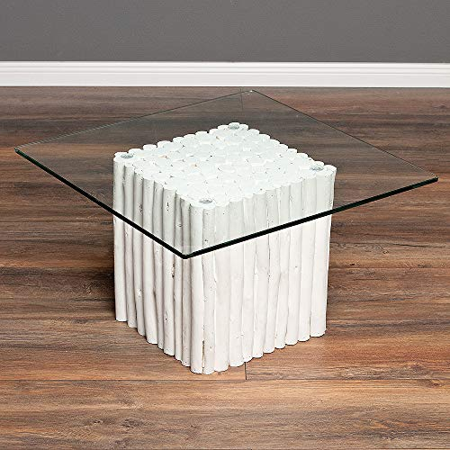 LEBENSwohnART Teak Couchtisch NICO Weiß inkl. Glasplatte ca. 70x70cm Wohnzimmertisch Tisch