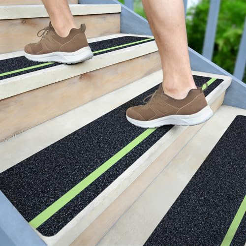 LifeGrip Anti Slip Traction Treads 10 Pack, 6x32 with Glow in Dark Stripe, Best Grip Tape Grit Non Slip, Outdoor Non Skid Tape, High Traction Friction Abrasive Adhesive for Stairs Step