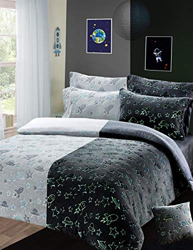 Olivia Rocco Glow In The Dark Teddy Fleece Duvet Cover Sets Soft Warm Kids Bedding Childrens Quilt Covers Set, Outer Space Double