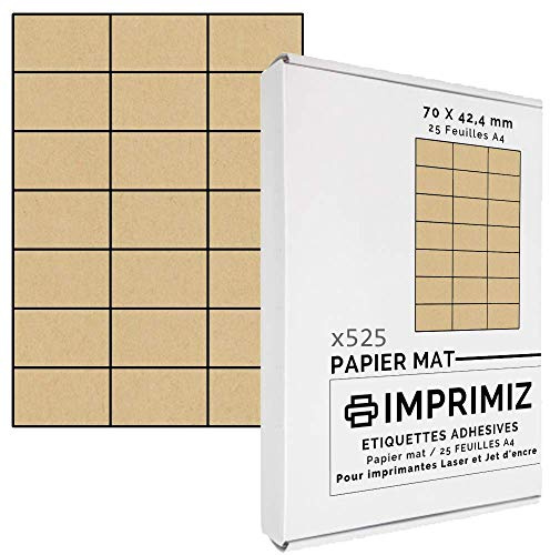 525 selbstklebende Etiketten aus natürlichem Kraftpapier, 70 x 42 mm, 21 Etiketten/Blatt, für Laser- und Tintenstrahldrucker, 25 Blatt A4