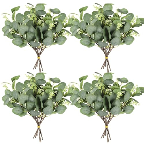 Homcomodar Künstliche Pflanzen Eukalyptus Deko 24Pc Simulation Grüner Eucalyptus Hinterlässt Zweige Silberdollar Eukalyptus Pflanze Bulk für Hochzeit, Garten, Haus, Büro, Indoor Outdoor Dekoration