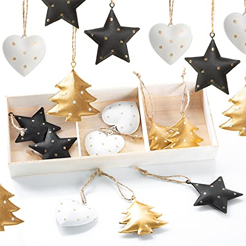 Logbuch-Verlag Weihnachtsbaumschmuck 18 Weihnachtsanhänger aus Metall, Weihnachten Deko schwarz weiß Gold, edler Baumschmuck, Geschenkanhänger 5 cm
