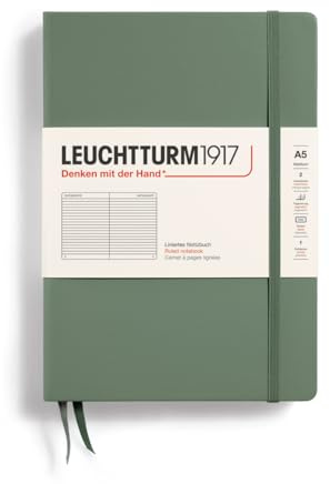 LEUCHTTURM1917 365490 Notebook Medium (A5), Hardcover, 251 Numbered Pages, Olive, Ruled