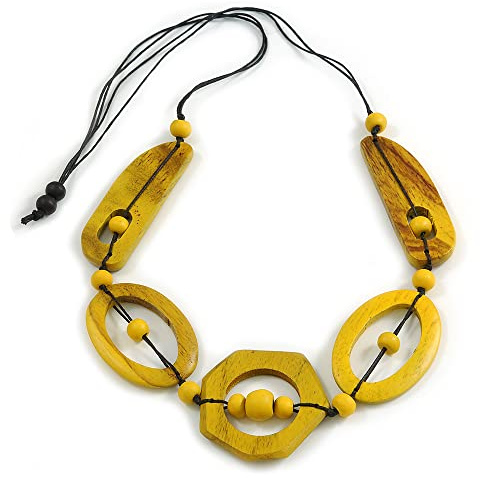 Avalaya Long Geometric Antique Yellow Painted Wood Bead Black Cord Necklace - 90cm Max/Adjustable