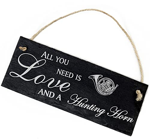 Schiefertafel Deko Jagdhorn Schild 22 x 8 cm - All you need is Love and a Hunting Horn - Wanddeko Dekoration Türschild