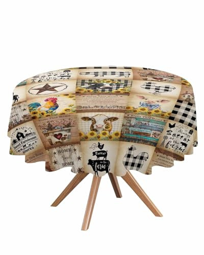Round Tablecloth 60 Inch Farm Aninal Buffalo Check Waterproof Oil-Proof Vinyl Table Cloth Cows Rooster Pig Kitchen Spillproof Oilcloths Table Cover for Indoor and Outdoor