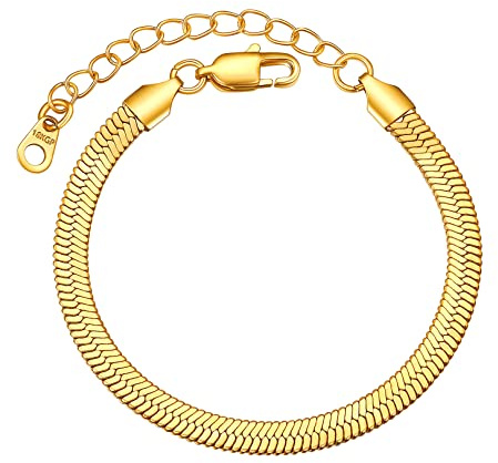 FOCALOOK Schlangenkette Armband für Damen Herren 3mm/5mm breit Flache Gliederarmband Edelstahl/18k vergoldet verstellbare Armkette Modeschmuck Accessoire