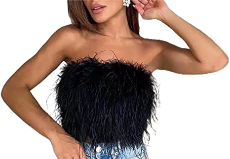 YLFC Feder-Oberteile Für Frauen, Trägerloses Kunstpelz-Crop-Top Ärmelloses, Rückenfreies Schlauchoberteil Flauschiges Schmal Geschnittenes Bandeau-Westen-Tank (Color : Black, Size : L)