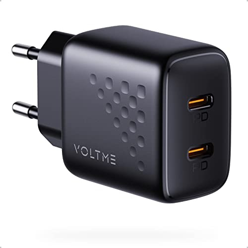 VOLTME Cargador USB C, Enchufe 20W 2 Puertos Carga Rápida, USB-C Carregador Adaptador de Corriente Tipo C Charger Compatible con iPhone 16 Pro MAX 15 Samsung Galaxy Huawei Xiaomi Pixel y Otros, Negro