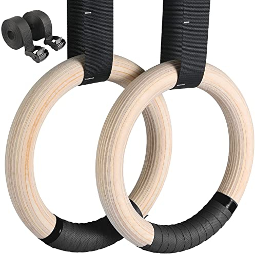 LIFERUN Turnringe Holz Gymnastikringe Ringe Turnen für Fitness mit Hochfeste Nylon Gurtbänder mit Schnellschnallverschlüßen aus Metall verstellbaren Full Body Workout, Calisthenics, Gym