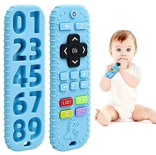 Alivio de la Dentición Mordedores Juguetes para Bebés 6-12 Meses Regalos, Silicona Mordedor Mando a Distancia Juguetes de Baño para 3-6 9 Meses Niño Niña Autismo, Juguetes de Grado Alimenticio, Azul