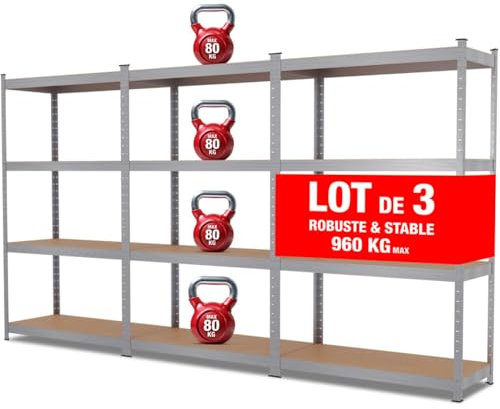 EURO VANADIUM - Triple Étagères de Rangement Charges Lourdes - 210 x 150 cm - 960 kg - Étagères de Garage modulables, 4 Niveaux, 12 Plateaux - 30 cm - Gris