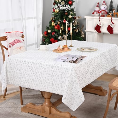 Yrendenge Weihnachten Tischdecke, Weiß Plüsch Tischtuch mit Silber Schneeflocke, Weiche Flauschig Kunstfell Tischdecke, Winter Tischdeko für Wohnzimmer Küche Schlafzimmer 140 x 200 cm