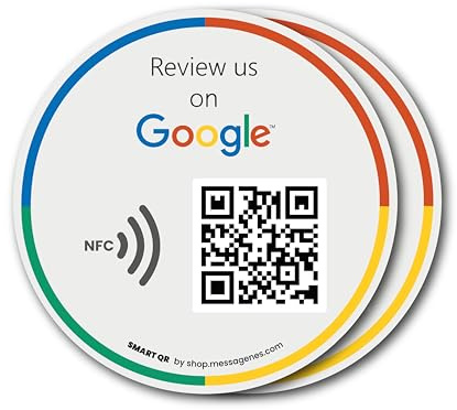 Wiederverwendbare Aufkleber für Google Reviews – 2 Stück – NFC QR & Tap – geben Sie uns eine Bewertung auf Google Tap Sticker – iPhone und Android – Boost My Reviews Sticker – Konfigurieren Sie