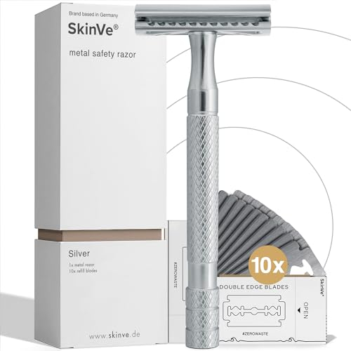 SkinVe® Premium Rasierhobel aus Metall inkl. 10 Rasierklingen I Zero Waste Nassrasierer für Damen und Herren I Chrom Sicherheitsrasierer mit 2-seitigem Klingenkopf I Plastikfrei