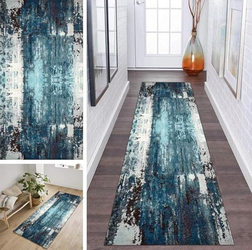 ZDYHMrj Läufer Teppich Lang Flur rutschfest Waschbar 60X100CM Küche Korridor TeppichLäufer für Flur Vintage Blau Schlafzimmer Wohnzimmer Polyester Teppichmatte Dauerhaft, Anpassbar Küchenteppich