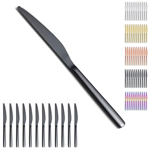 Evanda Noir Set de Couteaux de Table 12 Pièces - Revêtement en Titane, Acier Inoxydable Noir pour Steak et Dîner - Couteaux à Beurre, Couverts