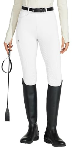 WILLIT Leggings d'équitation femme Pantalon d'équitation à grip silicone intégral taille haute stretch pantalon d'équitation avec poche zippée et passants de ceinture, Blanc., M