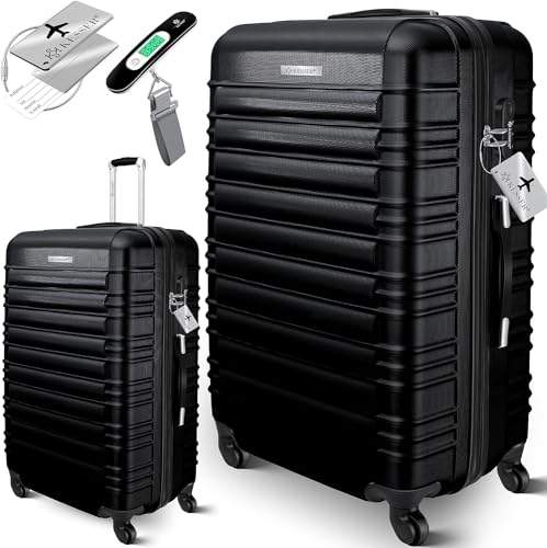 KESSER® Reisekoffer Großer Hartschalen-Koffer Inkl. Kofferwaage + Gepäckanhänger | Trolley Gepäck Rollkoffer Zahlenschloss 4 Rollen ABS Teleskopgriff (75x50x32cm / 120 Liter Schwarz)