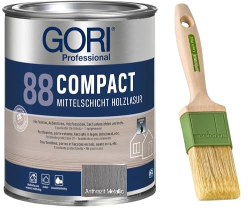 GORI 88 Premium Holzschutz Lasur 0,75 Liter, für außen + Profi Pinsel Lasur Plus 50 mm (Anthrazit Metallic)