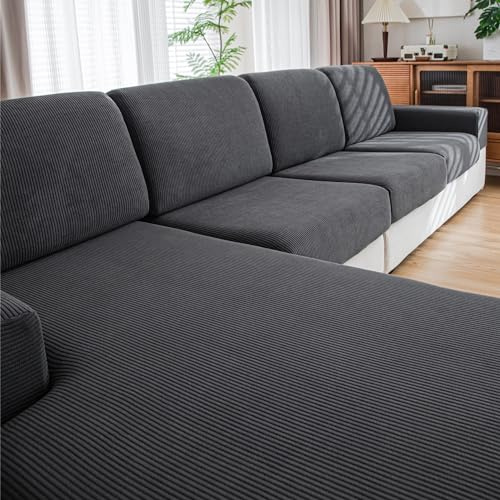 QIANMEW Couch Cushion Covers, Comfort Soft Magic Sofa Covers Washable Stretch Resistant Slipcovers for Sectional and L Shaped Seats Furniture Protectors for Pets (1PC Chair Cushion Cover, Dark Gray)