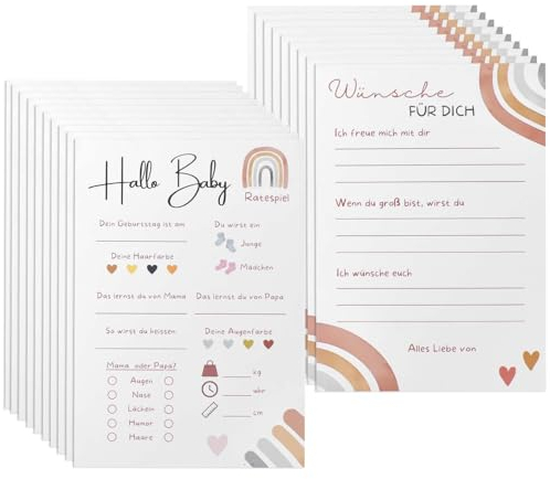 DEARBAG 20 carte da compilare, per baby shower, gioco di consiglio per ragazzi e ragazze, ottimo gioco per la festa di genere e baby shower, stampato su entrambi i lati, tedesco