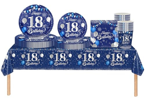 69pc Navy Silver 18th Decorations - Boys Girls Tableware, Tablecloth, Plates, Napkins, Cups for Birthday Table Decoration