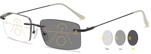 VEVESMUNDO Selbsttönende Gleitsichtbrille Randlos Gleitsicht Lesebrillen Metall Blaulichtfilter Multifokale Progressive Brillen für Herren Damen (Schwarz, 2.0)