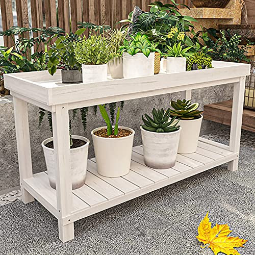 Tavolo da giardino per esterni, con contenitore, banco da lavoro per giardinaggio, banco da lavoro multifunzione con guardrail – colore legno naturale