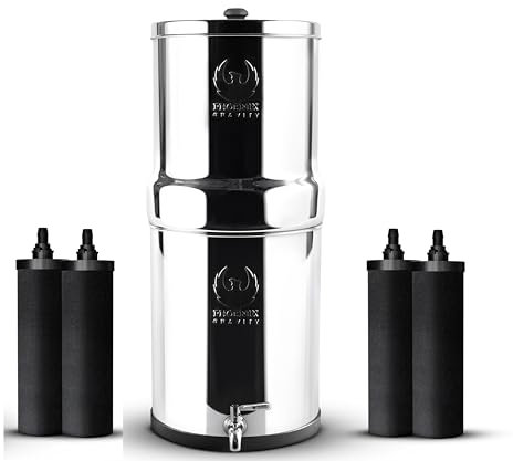PHOENIX GRAVITY 8 Litre Gravity Stainless Steel Drinking Water Filter with NSF Certified 4 Phoenix Carbon Water Filter Cartridges, Stainless Steel Tap