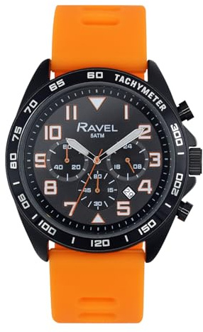 Ravel Plus - Men's 46mm Black Chronograph Sports Watch with Silicone Strap - 5ATM - Japanese Analogue Quartz - RP.CHR.01-04M