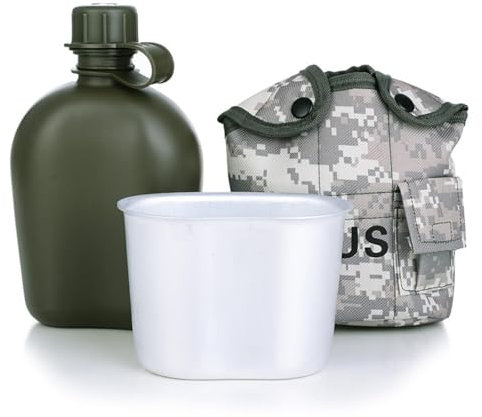 Uonguon Juego de cantimplora de camping, botella de agua de acero inoxidable con taza, equipo de senderismo al aire libre para viajes, supervivencia y camping, cantimplora de camping a prueba de fugas