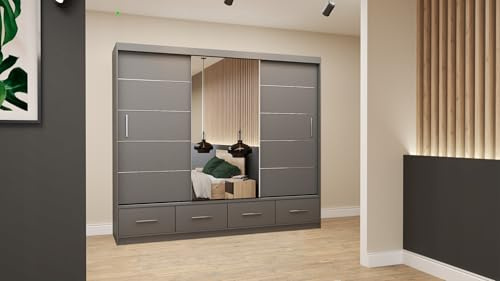 Easy4You Florence Grau Schiebetürenschrank Kleiderschrank 250x218x61 cm mit Spiegel - Schlafzimmermöbel, Aufbewahrung – Mehrzweckschrank mit 4 Schubladen und 4 Kleiderstangen