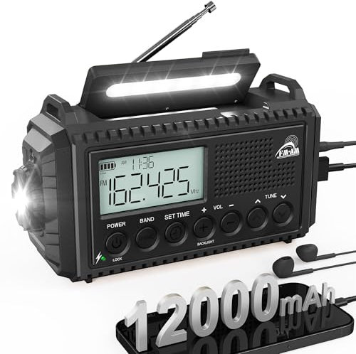 Radio de Emergencia Solar de Mano con Am/FM, Radio portátil alimentada por baterías de 12000mAh, Radio de transistores de Cuerda con Cargador de teléfono, Alarma SOS, Linterna de Supervivencia