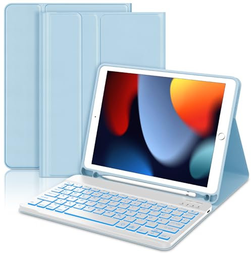 JADEMALL Für iPad 6. Generation Hülle mit Tastatur, Abnehmbare Bluetooth Tastatur mit 7-Farben Backlight für iPad 5./6. Gen, Pro 9.7, Air 1 & 2, QWERTZ Deutsch – Himmelblau