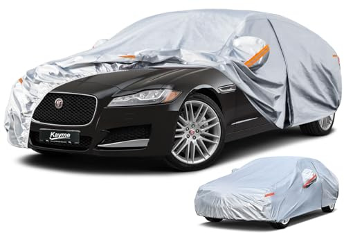 Kayme Autoabdeckung Limousine, Autoplane Wasserdicht Atmungsaktiv,Auto Abdeckplane für Regen Sonne Staub Schutz,Auto Abdeckung für BMW 6/7er, Ghibli, VW Phaeton etc.Siehe AutoGrößentabelle A10, Silber