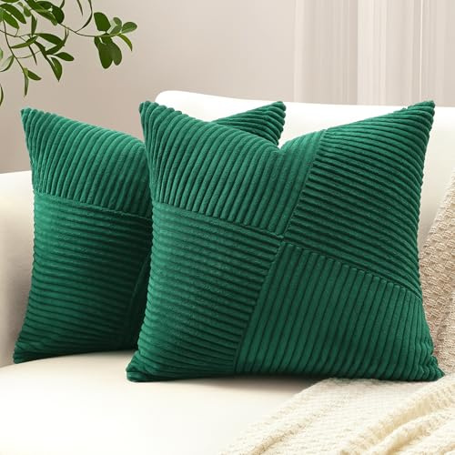 Sungeek Lot de 2 Housse de Coussin 45x45 cm en Velours Côtelé, Housse Coussins Patchwork à Rayures Pinwheel Doux Taies d'oreiller Décoratives pour Lit Canapé Chambre Salon, Vert Foncé