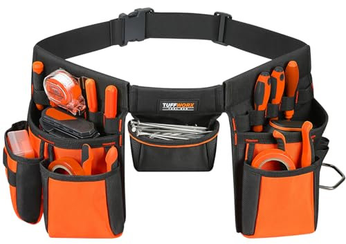 TUFFWORX Tool Belt with Multiple Pouches, Heavy-Duty Work Belt, Black and Orange