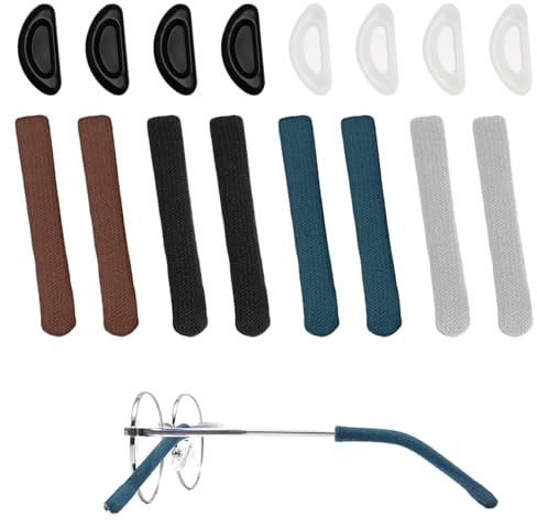 4 Pairs of Glasses Arm Covers with 8 Nose Pads, Ear Cushions - Soft Knitted Cotton Anti-Slip Cushion for Sunglasses, Comfortable Grips (4 Colors)
