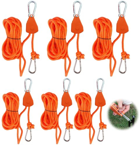 WDKXCN 6 Stück 4MM Seilratsche mit Haken, 5M Reflektierende Seilzugratsche, Abspannseile mit Seilspanner, Ratchet Hangers, Windfestes Seil zur Einstellung der Riemenscheibe für Sonnensegel, Zelt