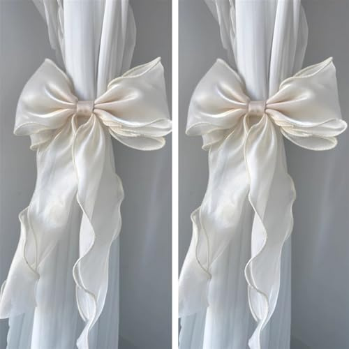 2 Pack French Silky Bow Curtain Tiebacks, Elegant Lace Ribbon for Curtains Decorative Rope Accessories Home Décor (White,2)