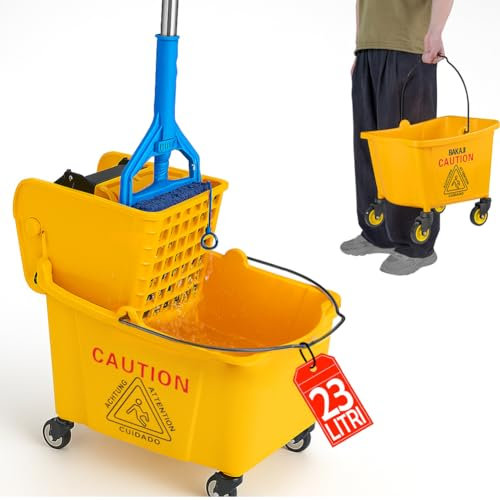 BAKAJI Carrello per Pulizie Professionale con Secchio Lavapavimenti per Mocio, Carrello Pulizie con Strizzatore e Pannello di Separazione, Maniglia e 4 Ruote Piroettanti di Plastica (23 Litri)