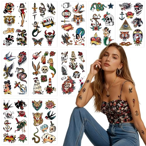 CharmeFleur 76 Piece Retro Temporary Tattoos Classic Old School Colourful Tattoo Stickers Flowers Snake Adult Men Women