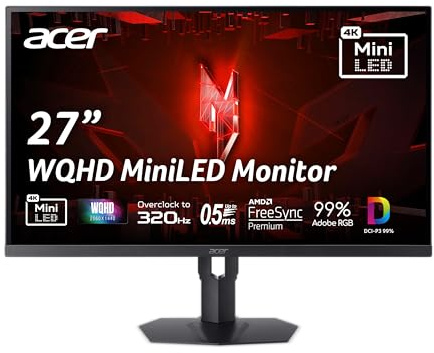 Acer Nitro 27 inch WQHD 2560 x 1440 IPS MiniLED Gaming Monitor | AMD FreeSync Premium | 320Hz Image Repeat Rate | Up to 0.5ms | AdobeRGB 99% | 1 x 1.4 Display Port and 2 x HDMI 2.1 Ports |
